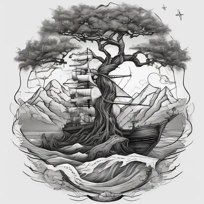 tattoo that has an acacia tree with mountains, ocean with a ship wreck half sleeve tattoos for men